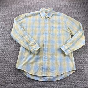 Tommy Hilfiger Shirt Men Medium M Yellow Blue Plaid Button Down DEFECT BUTTON